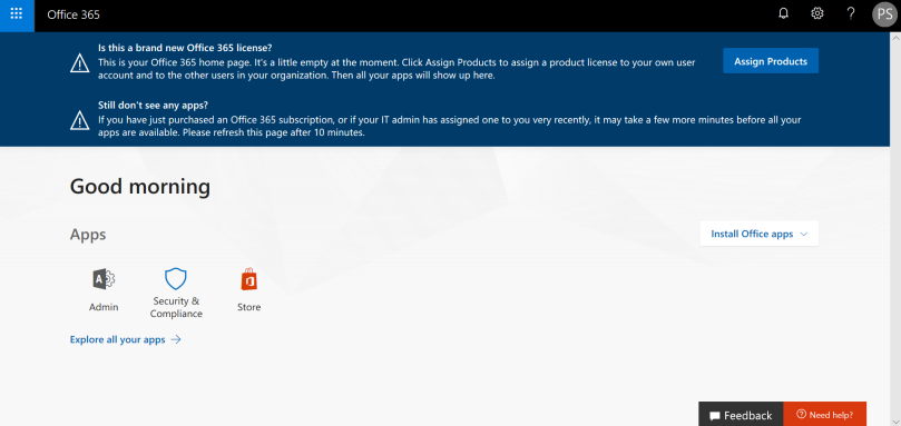 Office 365 new Developer Account Landing Page